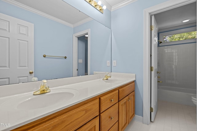 100 Silver Lining Ln, Cary, NC 27513 - full bath featuring double vanity, crown molding, baseboards, toilet, and shower / washtub combination