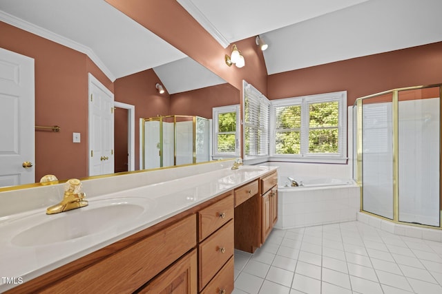 100 Silver Lining Ln, Cary, NC 27513 - bathroom with a shower stall, a garden tub, double vanity, tile patterned flooring, and vaulted ceiling