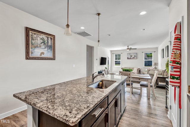 6760 Longitude Cir, Sims, NC 27880 - kitchen featuring a sink, open floor plan, light wood-style flooring, decorative light fixtures, and dark brown cabinetry