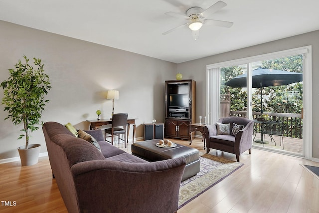 4907 Wyatt Brook Way, Raleigh, NC 27609 - living room with light wood-type flooring, ceiling fan, and baseboards