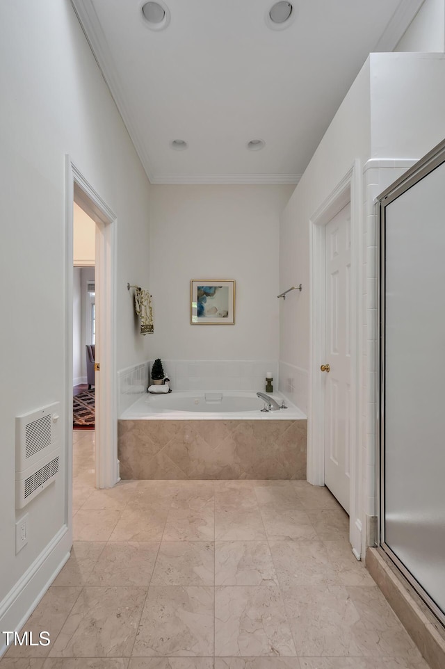 81002 Alexander, Chapel Hill, NC 27517 - full bathroom featuring heating unit, a bath, ornamental molding, and a shower stall
