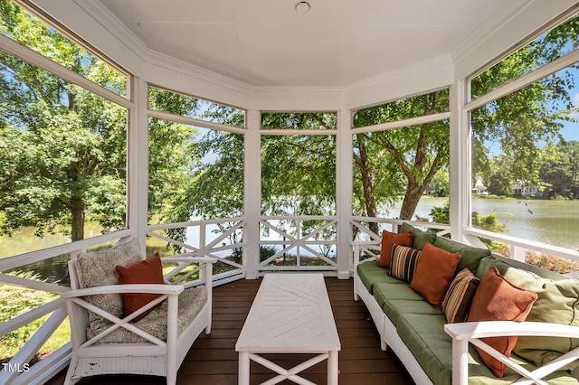 81002 Alexander, Chapel Hill, NC 27517 - sunroom / solarium featuring a water view, view of scattered trees, and an outdoor hangout area