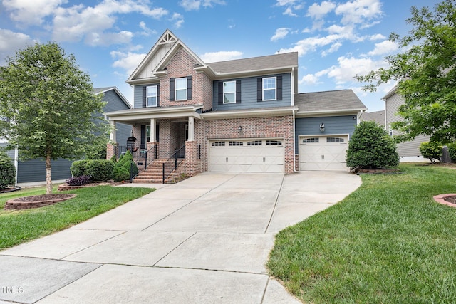 1716 Longmont Dr, Wake Forest, NC 27587 - craftsman-style house with brick siding, concrete driveway, covered porch, a front yard, and a garage