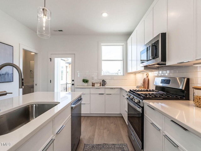 1408 Sawyer Rd Unit 103, Raleigh, NC 27610 - kitchen with stainless steel appliances, a sink, light wood finished floors, light countertops, and recessed lighting