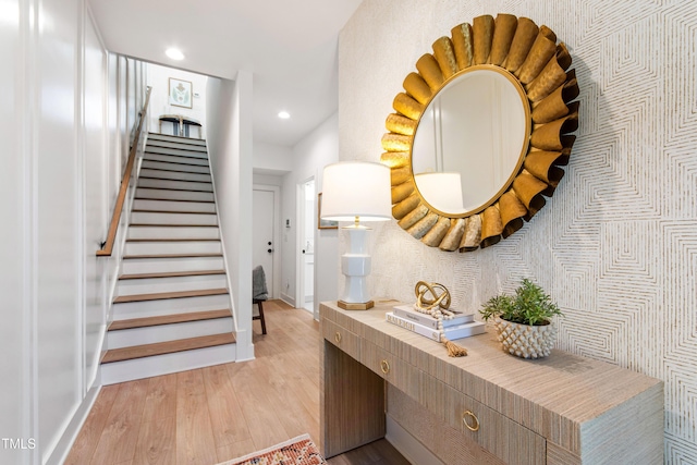 1408 Sawyer Rd Unit 103, Raleigh, NC 27610 - stairs with wood finished floors and recessed lighting