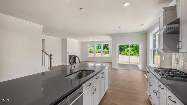 121 Gilmer St, Fuquay Varina, NC 27526 - kitchen with a sink, open floor plan, dark countertops, stainless steel appliances, and ornamental molding
