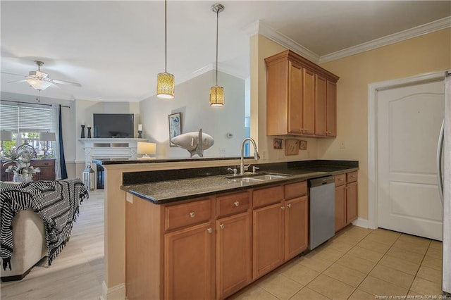 159 Gallery Dr Unit 103, Spring Lake, NC 28390 - kitchen with stainless steel dishwasher, a sink, crown molding, a ceiling fan, and a peninsula