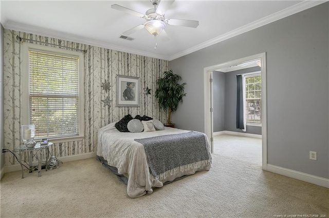 159 Gallery Dr Unit 103, Spring Lake, NC 28390 - carpeted bedroom with baseboards, ornamental molding, wallpapered walls, and a ceiling fan