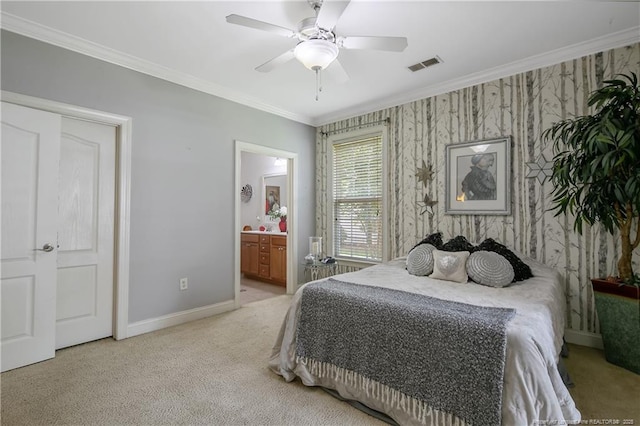 159 Gallery Dr Unit 103, Spring Lake, NC 28390 - bedroom featuring baseboards, crown molding, light carpet, wallpapered walls, and a ceiling fan