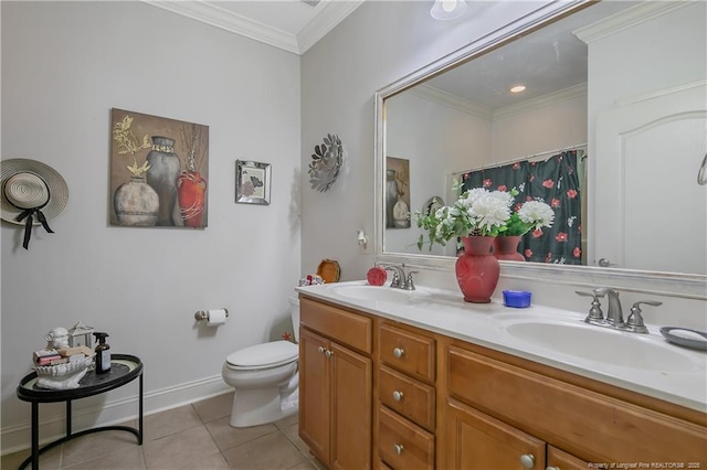 159 Gallery Dr Unit 103, Spring Lake, NC 28390 - bathroom with double vanity, toilet, tile patterned flooring, ornamental molding, and a shower with curtain