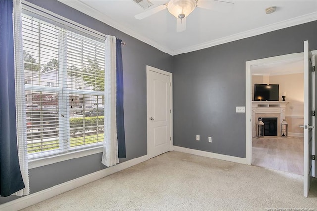 159 Gallery Dr Unit 103, Spring Lake, NC 28390 - unfurnished bedroom featuring crown molding, carpet floors, a fireplace, baseboards, and ceiling fan