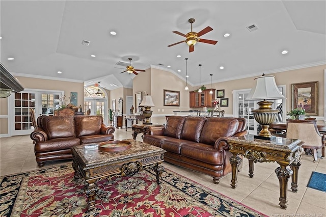 159 Gallery Dr Unit 103, Spring Lake, NC 28390 - living room with ceiling fan, light tile patterned flooring, recessed lighting, lofted ceiling, and french doors