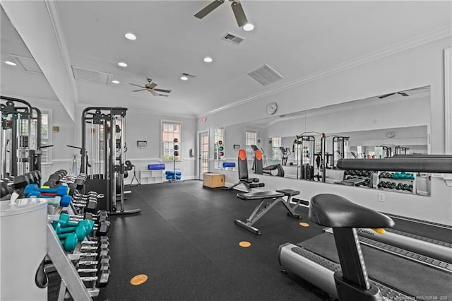 159 Gallery Dr Unit 103, Spring Lake, NC 28390 - gym featuring a ceiling fan, crown molding, lofted ceiling, and recessed lighting
