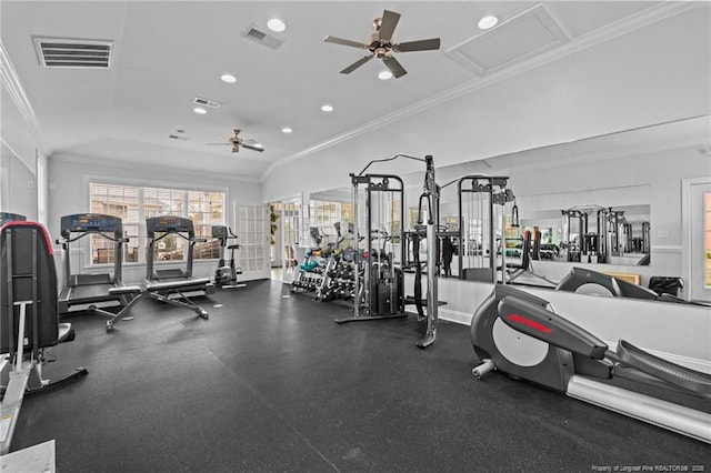 159 Gallery Dr Unit 103, Spring Lake, NC 28390 - exercise room featuring a ceiling fan, recessed lighting, and crown molding