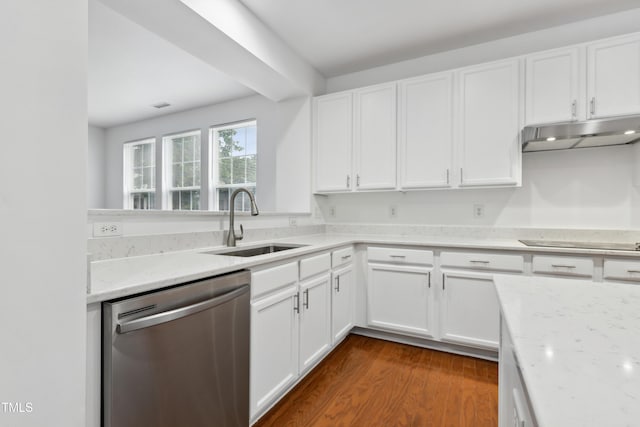 3141 Rapid Falls Rd, Cary, NC 27519 - kitchen with dishwasher, a sink, under cabinet range hood, black electric stovetop, and white cabinets