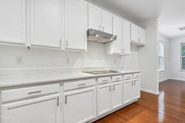 3141 Rapid Falls Rd, Cary, NC 27519 - kitchen featuring under cabinet range hood, white cabinetry, dark wood-style floors, light stone counters, and baseboards