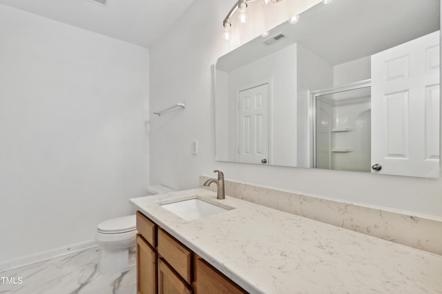 3141 Rapid Falls Rd, Cary, NC 27519 - full bath with a stall shower, toilet, vanity, marble look tiles, and baseboards