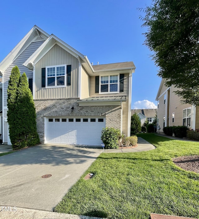 7241 Terregles Dr, Raleigh, NC 27617 - view of front of house with brick siding, an attached garage, board and batten siding, concrete driveway, and a front yard