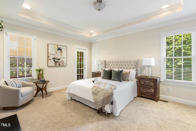 2628 Hunters Meadow Ln, Raleigh, NC 27606 - bedroom featuring a tray ceiling, crown molding, light carpet, and recessed lighting