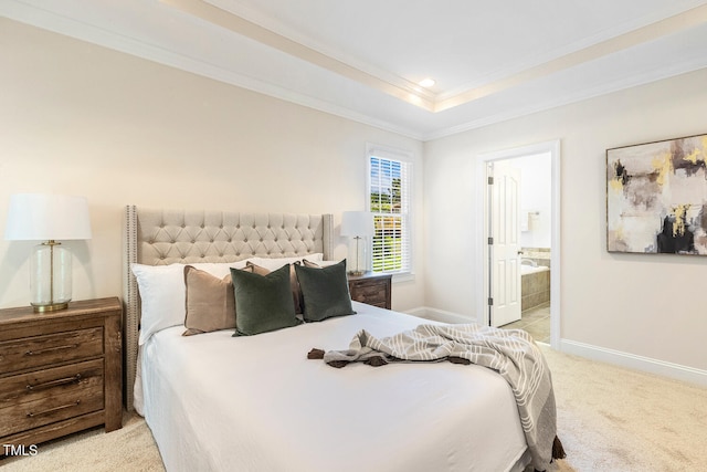 2628 Hunters Meadow Ln, Raleigh, NC 27606 - bedroom featuring crown molding, light colored carpet, connected bathroom, and recessed lighting