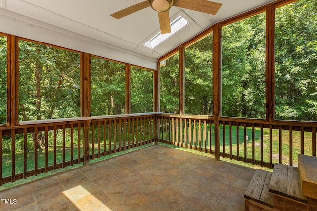 2628 Hunters Meadow Ln, Raleigh, NC 27606 - unfurnished sunroom with ceiling fan, a skylight, and lofted ceiling