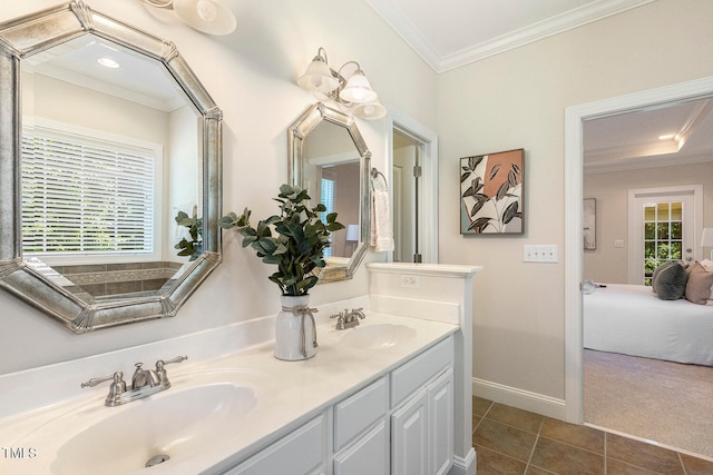 2628 Hunters Meadow Ln, Raleigh, NC 27606 - bathroom with crown molding, plenty of natural light, double vanity, tile patterned floors, and ensuite bathroom