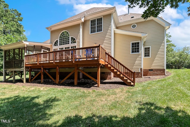2628 Hunters Meadow Ln, Raleigh, NC 27606 - rear view of house with a deck, stairway, a yard, crawl space, and a sunroom