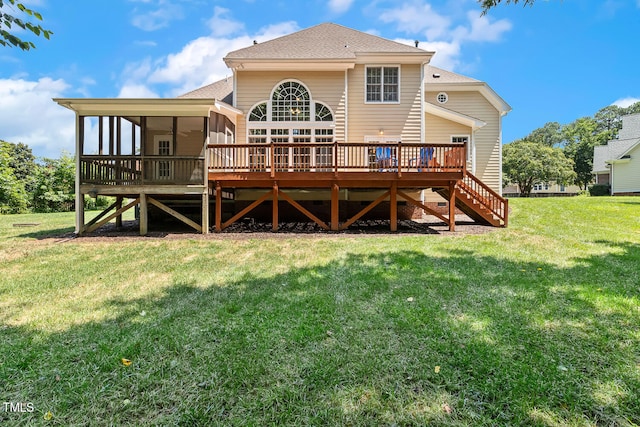 2628 Hunters Meadow Ln, Raleigh, NC 27606 - back of property featuring a sunroom, a wooden deck, a yard, and stairway