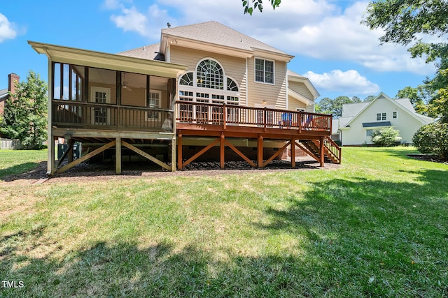 2628 Hunters Meadow Ln, Raleigh, NC 27606 - rear view of property featuring a deck, a lawn, a sunroom, a shingled roof, and stairway