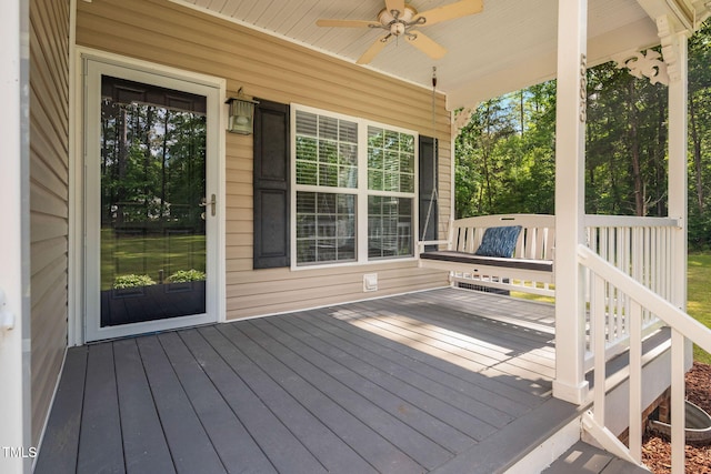 583 Old Home Place Ln, Durham, NC 27713 - wooden porch featuring a ceiling fan