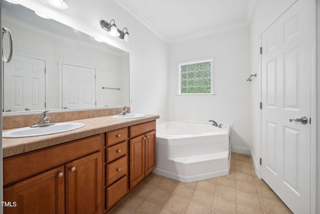 583 Old Home Place Ln, Durham, NC 27713 - full bathroom with double vanity, a bath, crown molding, and tile patterned floors
