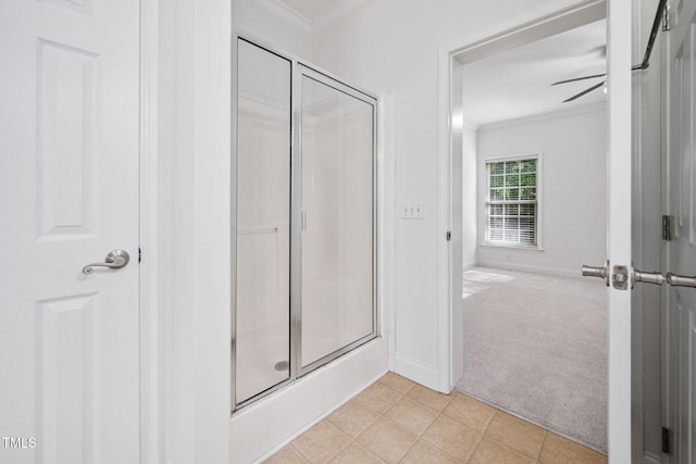 583 Old Home Place Ln, Durham, NC 27713 - full bath featuring crown molding, a stall shower, baseboards, and tile patterned floors