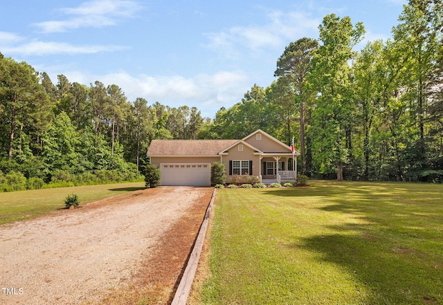 583 Old Home Place Ln, Durham, NC 27713 - view of front of house with dirt driveway, covered porch, a front yard, and an attached garage
