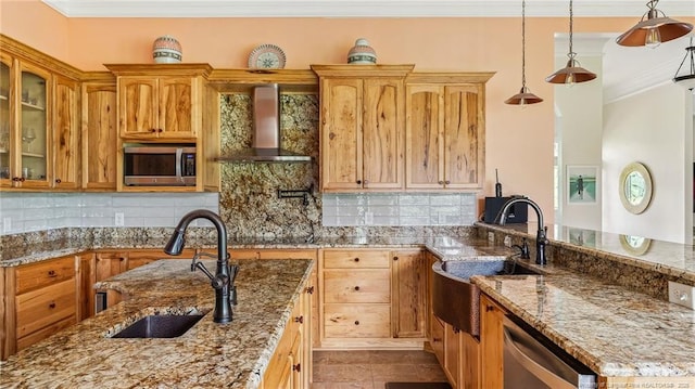 330 Wellington Rd, Saint Pauls, NC 28384 - kitchen with wall chimney range hood, stainless steel appliances, crown molding, backsplash, and a peninsula
