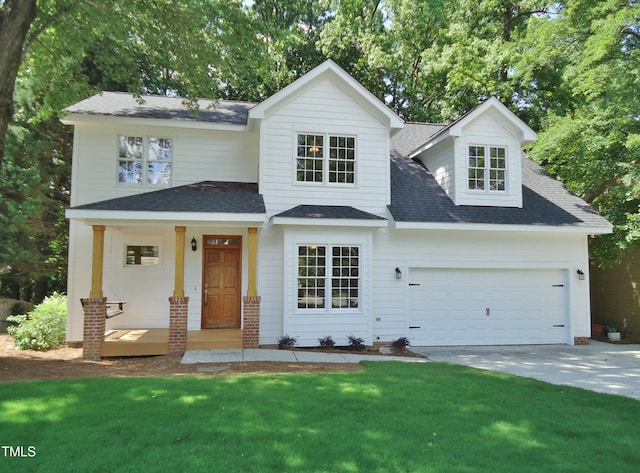 1104 Barrow Nook Ct, Apex, NC 27502 - traditional-style home featuring a garage, covered porch, a shingled roof, a front yard, and concrete driveway