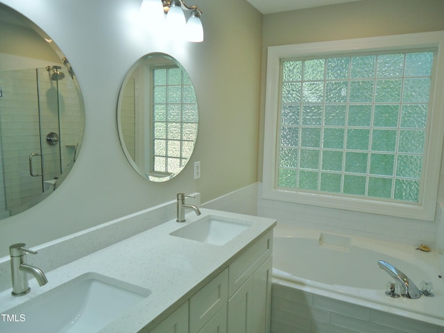 1104 Barrow Nook Ct, Apex, NC 27502 - bathroom with a bath, plenty of natural light, double vanity, and a shower stall