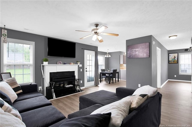 195 Cape Fear Rd, Raeford, NC 28376 - living room featuring healthy amount of natural light, a ceiling fan, wood finished floors, a glass covered fireplace, and a textured ceiling