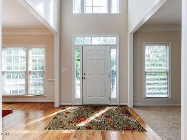 313 Hardwick Dr, Durham, NC 27713 - entrance foyer with ornamental molding, a towering ceiling, and wood finished floors