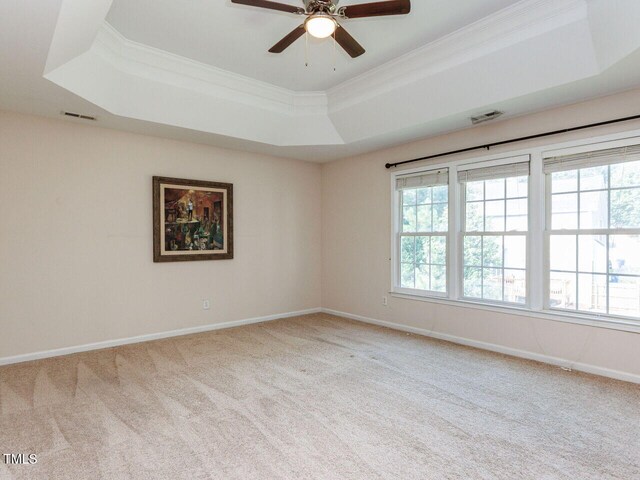 313 Hardwick Dr, Durham, NC 27713 - carpeted spare room featuring a raised ceiling, crown molding, healthy amount of natural light, and a ceiling fan