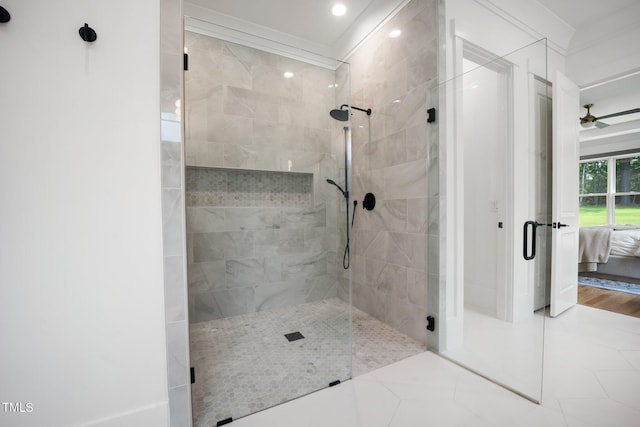 2713 Trifle Ln, Wake Forest, NC 27587 - bathroom featuring a stall shower, connected bathroom, a ceiling fan, tile patterned flooring, and crown molding