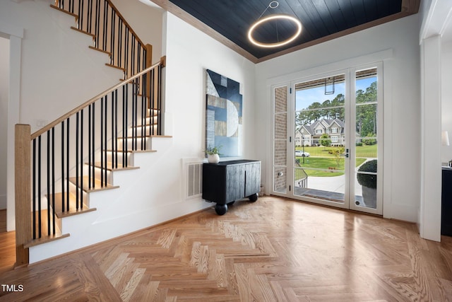 2713 Trifle Ln, Wake Forest, NC 27587 - doorway featuring stairs, baseboards, and wooden ceiling