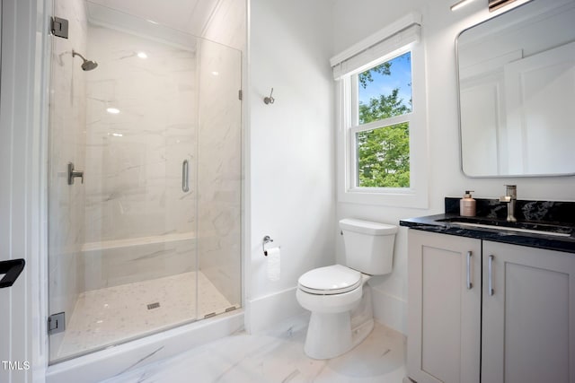 2713 Trifle Ln, Wake Forest, NC 27587 - full bathroom featuring toilet, vanity, a marble finish shower, baseboards, and marble look tiles