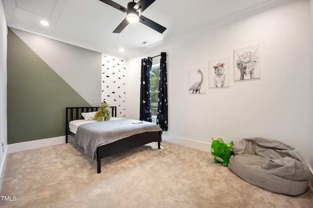 2713 Trifle Ln, Wake Forest, NC 27587 - bedroom with ornamental molding, carpet floors, baseboards, recessed lighting, and a ceiling fan