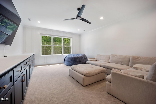 2713 Trifle Ln, Wake Forest, NC 27587 - living area with ceiling fan, light colored carpet, recessed lighting, and ornamental molding