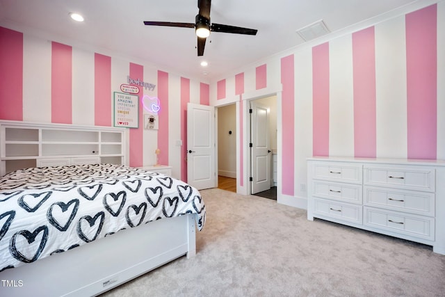 2713 Trifle Ln, Wake Forest, NC 27587 - bedroom with light carpet, recessed lighting, a ceiling fan, baseboards, and wallpapered walls
