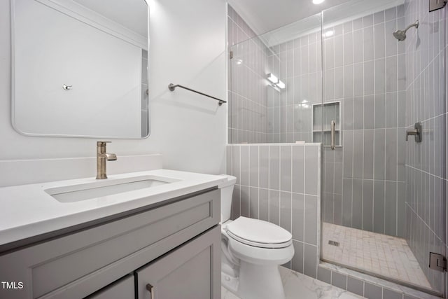 2713 Trifle Ln, Wake Forest, NC 27587 - full bathroom featuring marble finish flooring, a stall shower, toilet, and vanity