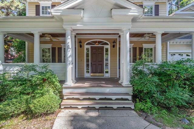 124 Cypress View Way, Apex, NC 27502 - property entrance with a ceiling fan and a porch