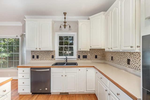 124 Cypress View Way, Apex, NC 27502 - kitchen featuring dishwasher, a sink, decorative backsplash, white cabinets, and light wood finished floors