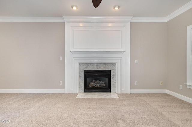 124 Cypress View Way, Apex, NC 27502 - detailed view of carpet, crown molding, a premium fireplace, baseboards, and ceiling fan