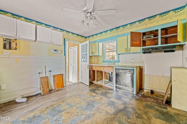 211 Cool Spring Rd, Durham, NC 27713 - kitchen featuring black dishwasher, a ceiling fan, open shelves, light countertops, and white cabinets